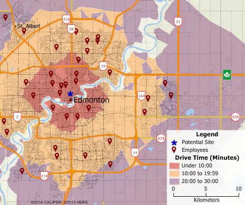 Maptitude GIS map of 10-minute drive time rings around two sites