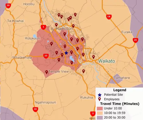 Maptitude GIS map of 10-minute drive time rings around two sites