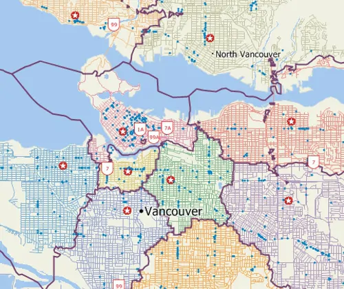 Maptitude GIS map of territories based on drive-time to nearest hospital