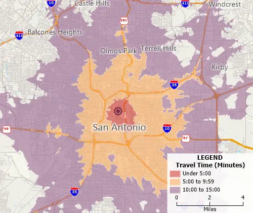 Maptitude GIS map of 10-minute drive time rings around two sites