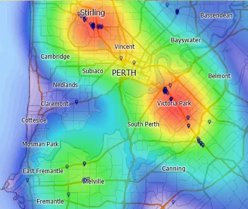 Maptitude GIS map of customer hot-spot in Perth, Australia