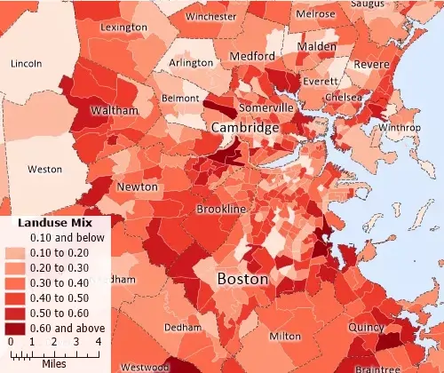 Maptitude map of land use mix by neighborhood