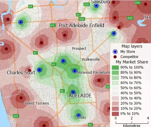 Market share analysis map using Maptitude Huff model