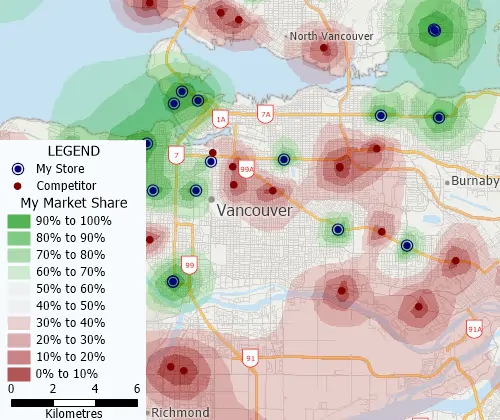 Market share analysis map using Maptitude Huff model