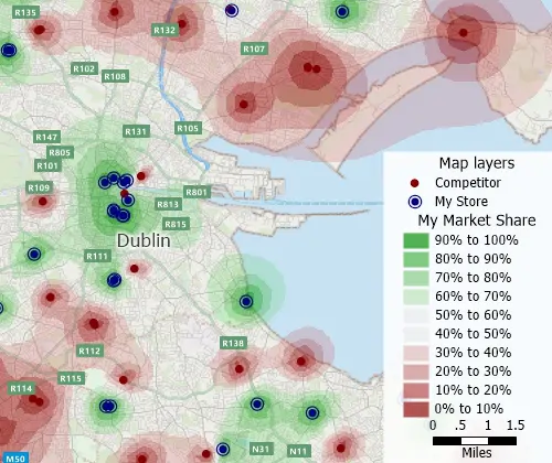 Market share analysis map using Maptitude Huff model
