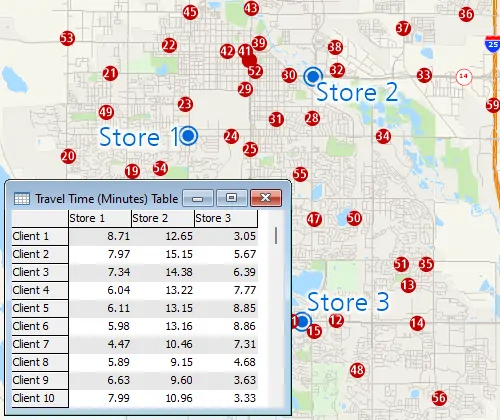 Maptitude GIS map with customer and store locations and table of travel times from customers to each store