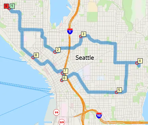 Maptitude GIS map of shortest path route returning to origin