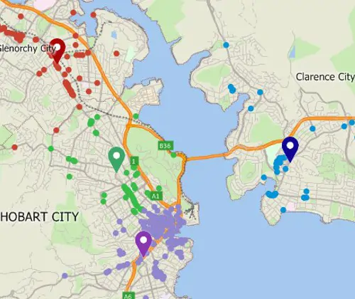 Maptitude map with spatial query filtering customers to the nearest store