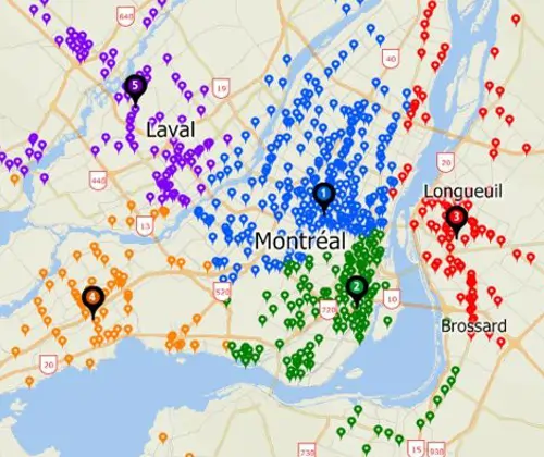 Maptitude map with spatial query filtering customers to the nearest store