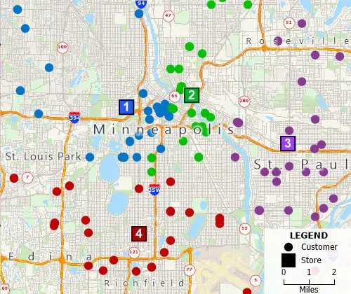Maptitude map with spatial query filtering customers to the nearest store