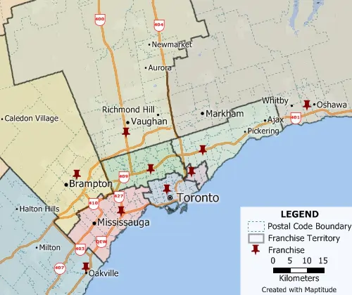 Maptitude GIS territory map with territories created from states and provinces using Maptitude GIS mapping tools