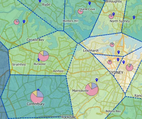 Maptitude GIS map of area-of-influence/Voronoi territories