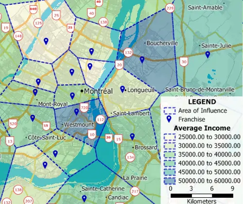 Maptitude GIS map of area-of-influence/Voronoi territories