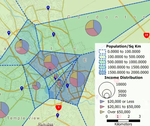 Maptitude GIS map of area-of-influence/Voronoi territories