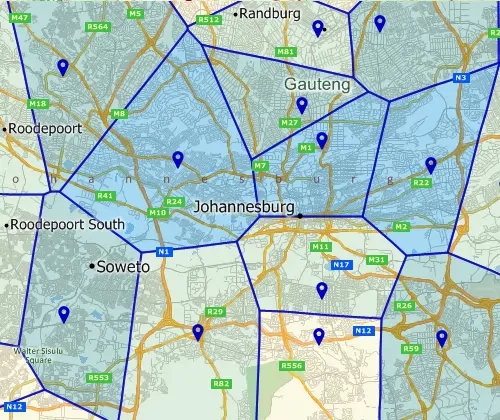 Maptitude GIS map of area-of-influence/Voronoi territories