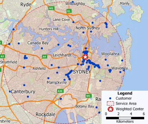 Maptitude GIS map of weighted center gravity location of customers in Sydney, Australia