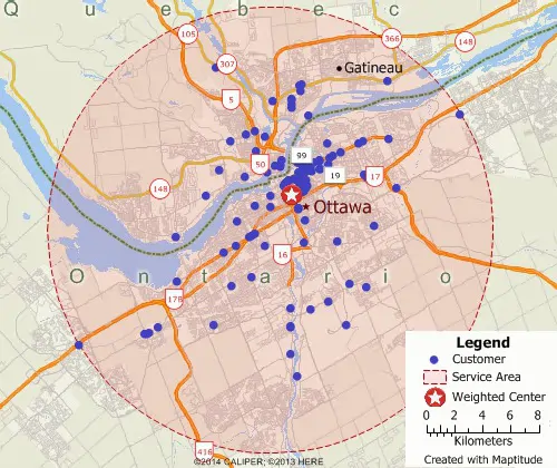 Maptitude GIS map of weighted center gravity location of customers in Sydney, Australia