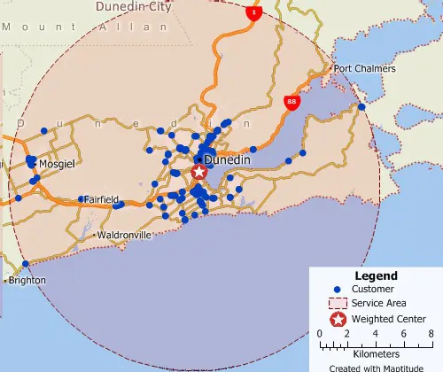 Maptitude GIS map of weighted center gravity location of customers in Sydney, Australia