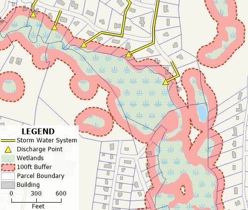 GIS for local governent map showing parcels, buildings, wetlands, wetland buffers, and storm water infrastructure
