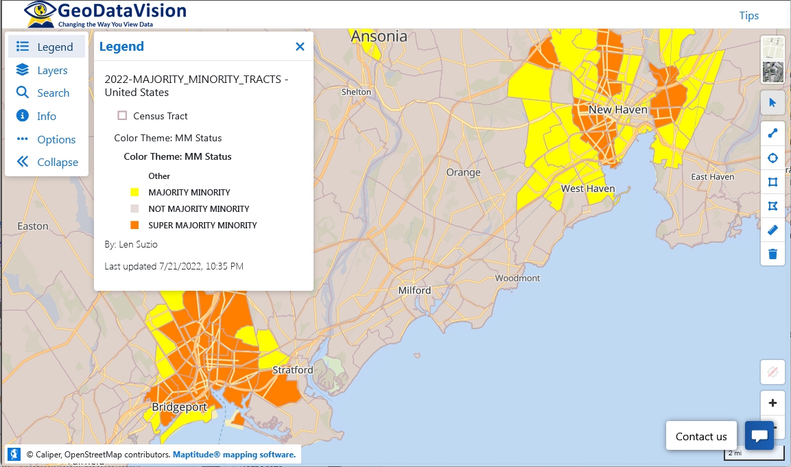 GeoDataVision Maptitude Online screenshot of majority-minority tract map in Southern Connecticut