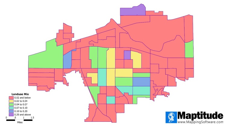 A city map created with mapping software for municipal goverment that uses colors to show the mix of commercial and residential land use in each block group