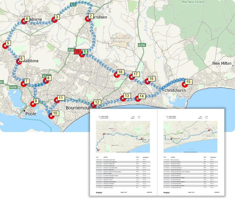 MapPoint alternative - Maptitude map showing a route servicing multiple stops and a PDF report with stop-to-stop directions