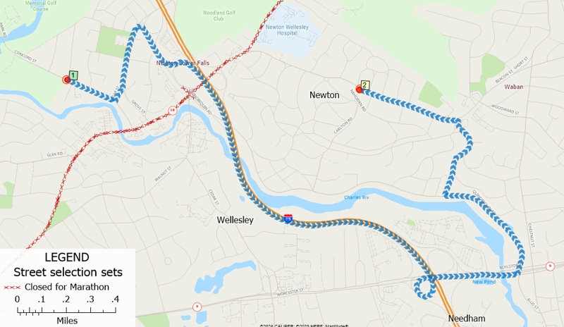 Maptitude 2026 route between two locations that accounts for street closures blocking the shortest route