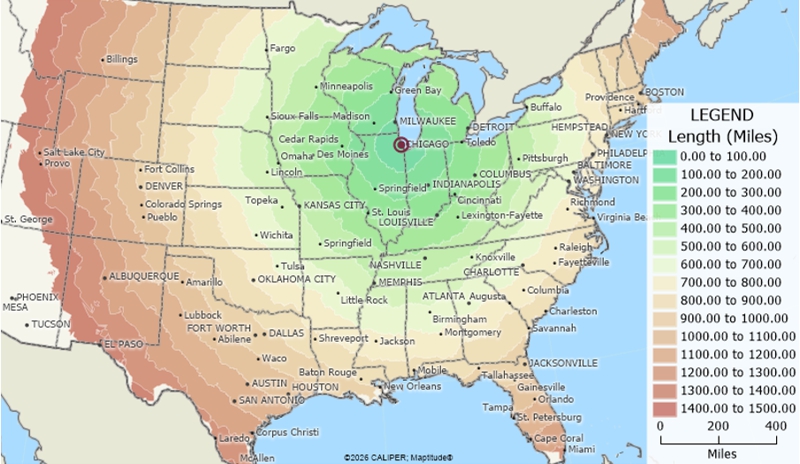 Maptitude 2026 drive-time rings in 100-mile increments from 100 to 1500 miles from Chicago