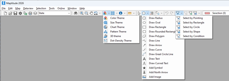 Maptitude 2026 standard toolbar drop-downs reduce the number of toolbars in the software