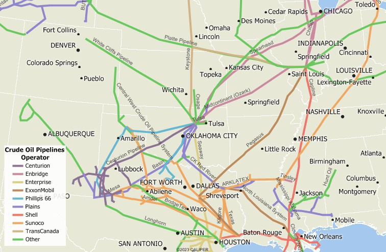 Maptitude map of crude oil pipelines