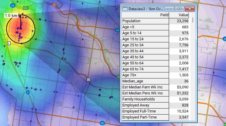 Maptitude showing heat map of customer concentrations and demographics of high density location