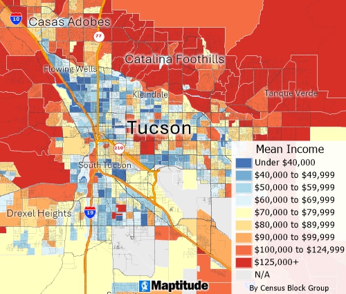 Map of average household income at the Census Block Group level in Tucson