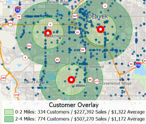 Maptitude map with overlay around stores of number of customers and total sales