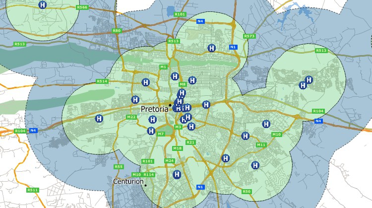 Maptitude GIS map of buffers around Pretoria, South Africa hospitals