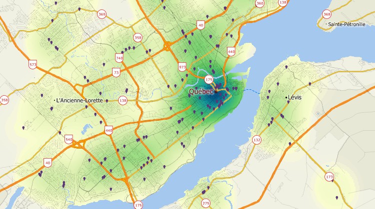 What is a density grid: Density grid map of weighted customer concentration created with Maptitude map software