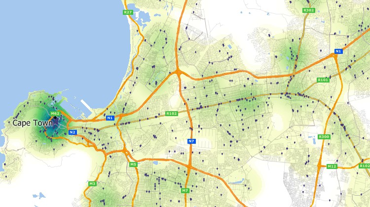 Maptitude GIS map of customer hot-spot in Cape Town, South Africa