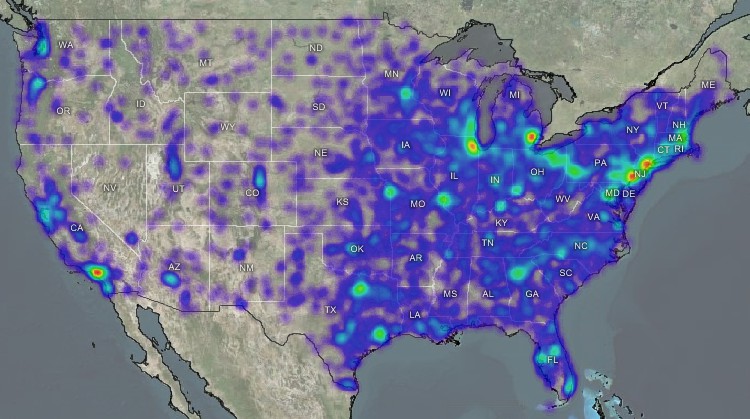 Location intelligence definition - Heat map of geocoded locations