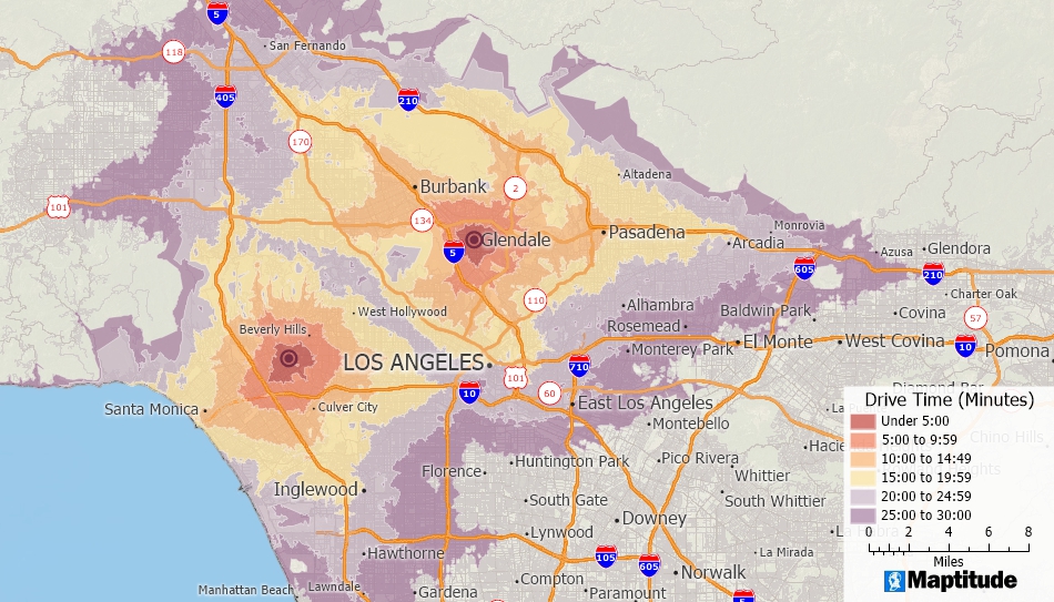 Maptitude map of 5-minute interval drive-time rings around two sites