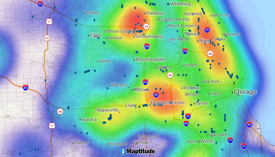 Maptitude heat map showing clusters of burglaries