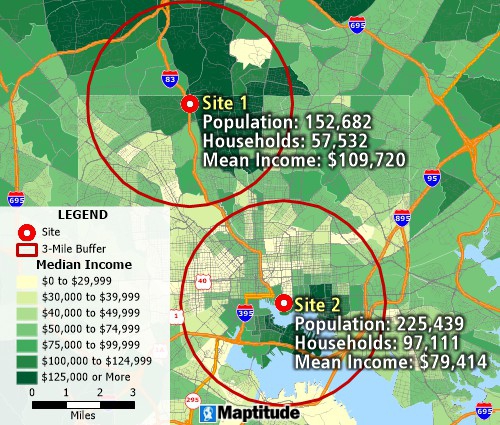 Business intelligence GIS analysis of sites on a map