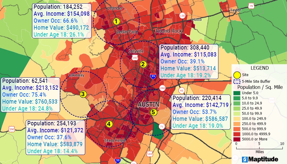 Maptitude map sites with calculated demographics