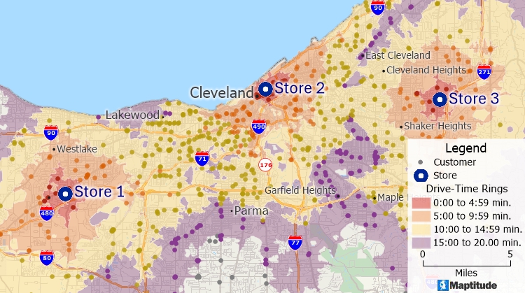 Maptitude Drive-Time Polygons around stores and customer travel-time theme