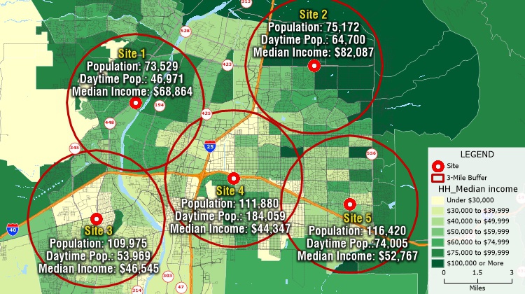 Maptitude demographic mapping software map with estimated demographics around locations on a map