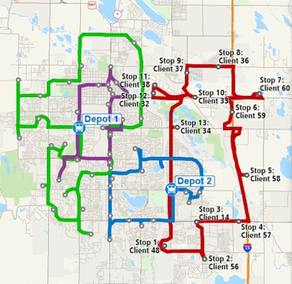Multiple depot route optimization definition map illustrating how to service many customers with varying demand and time restrictions