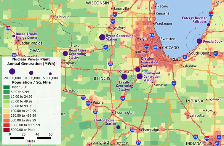 Maptitude map of nuclear facilities with KWh produced and population exposure