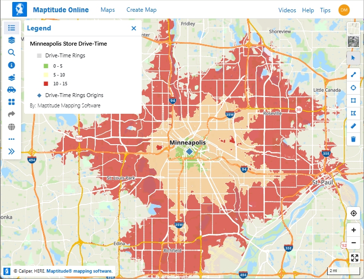 Maptive Alternative - Maptitude Online map of 5-minute interval drive-time rings from store location