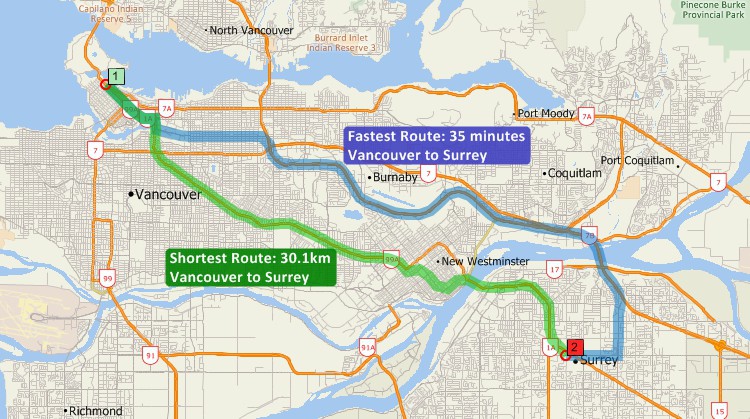 Best Canada route mapping software map showing fastest route between locations and waypoints