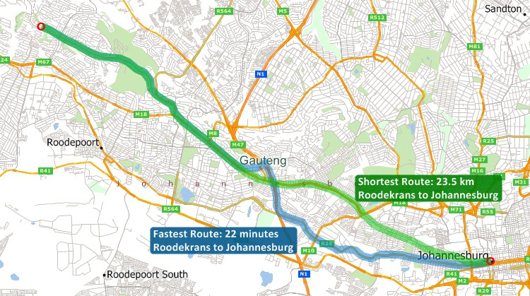 Best South Africa route mapping software map showing fastest route between locations and waypoints