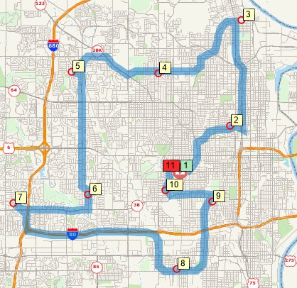 What is route optimization definition? Map illustrating traveling salesman problem to visit a series of stops with minimal travel time