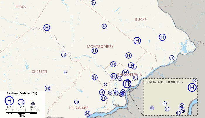 Geographic distribution of penicillin nonsusceptibility among pneumococcal isolates at 33 hospitals with Maptitude